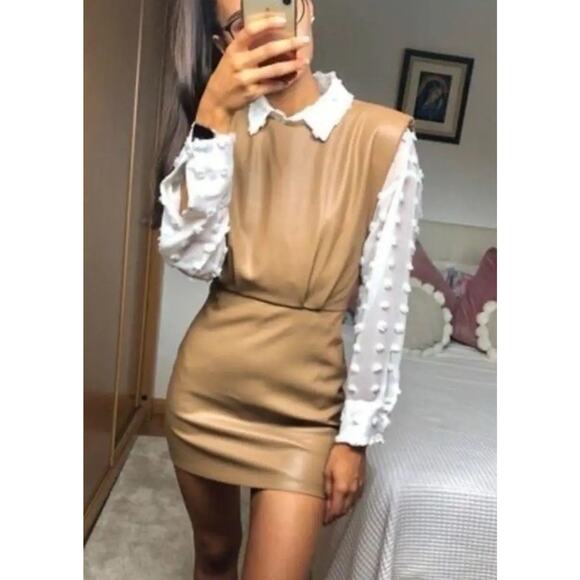 ZARA Faux Leather Shoulder Pads Sleeveles Tan Mini Dress Sz L Bloggers Favorite - Picture 6 of 16